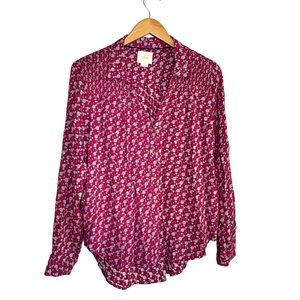 Anthropologie Maeve Geometric Smocked Button Down Blouse sz 10